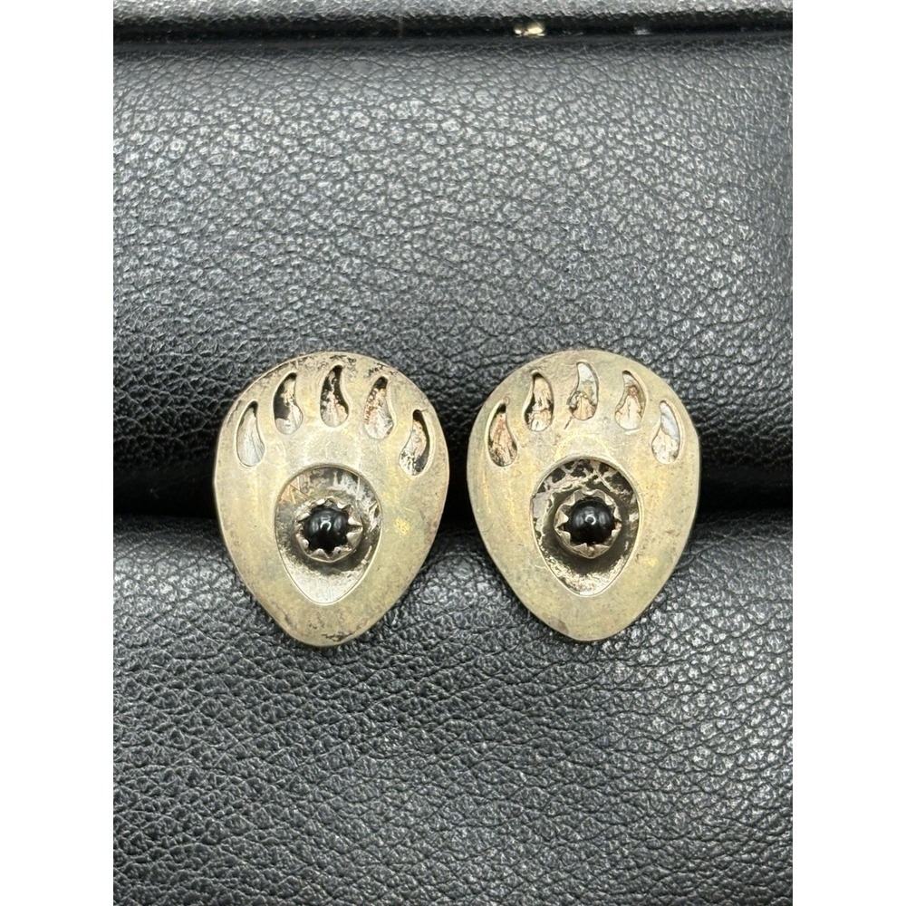 Vintage Southwestern Sterling Silver Onyx Bear Claw Earrings G24